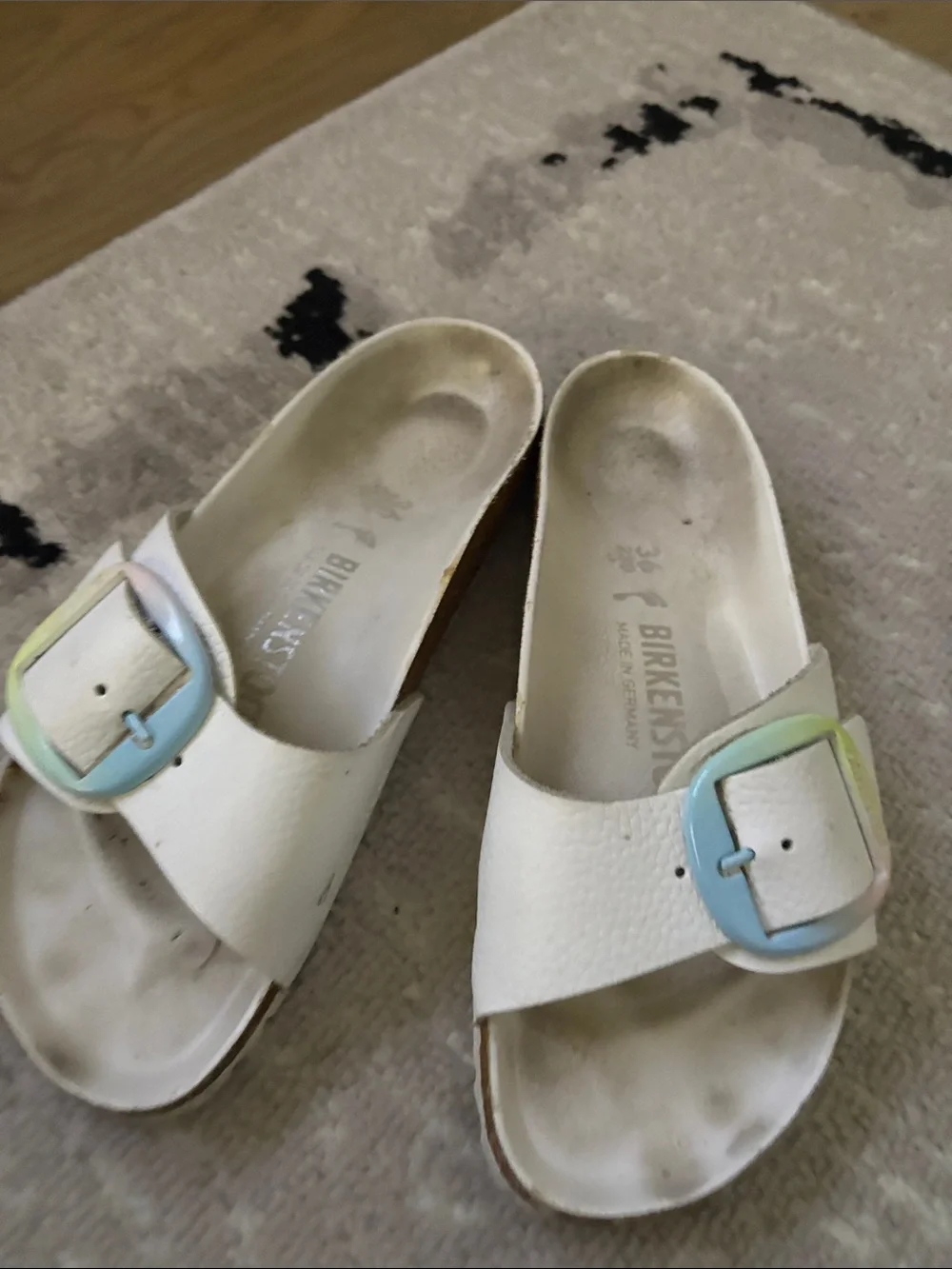 Birkenstock womens White Slides with Pastel Blue and Green Buckles